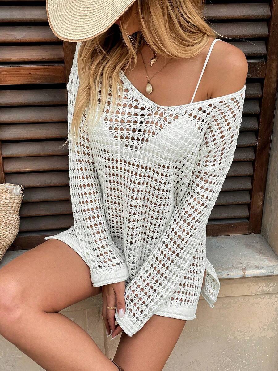 SHEIN LUNE Beach Resort Casual V-Neck Loose Cover-Up For Summer Beach Vacation - Beige - View 1