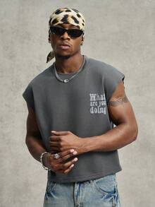 PAVTROS Tank Top Pria Ukuran Besar dengan Slogan Timbul - Dark Grey - View 2