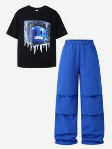 SHEIN 青少年男孩卡通印花短袖T恤與長褲休閒套裝 - 彩色 - 查看 8