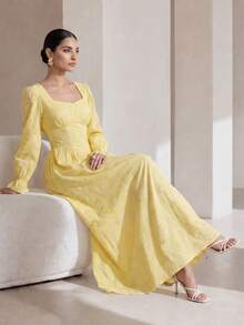 Graceveil Women Spring Autumn Cotton Eyelet Cinched Waist Maxi Dress Square Neck Puff Sleeve Ruffle Cuff Long Gown For Daily Outing Date Sisters Gathering - Yellow - View 5