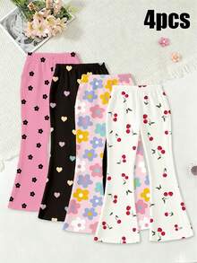 4pcs/Set Girls Toddler Pants, Spring Summer Autumn, Fashion Creative Personalized Fresh Colorful Floral Small Heart Small Cherry Pattern Print Casual Style Basic Bottoms Flared Pants - Multicolor - View 3
