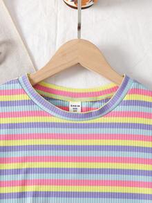 SHEIN 兒童青少年女孩寬鬆休閒簡約舒適圓領無袖條紋T恤短褲套裝 - 彩色 - View 3