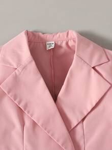 SHEIN Tween Girl Tween Girl Tween Girl Back To School Outfit, Fitted Pink Patchwork Long Sleeve Collared Vintage Preppy Exquisite Jacket Set, Casual Preppy Style - Pink - View 5