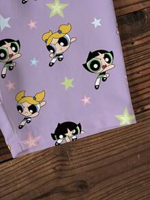 THE POWERPUFF GIRLS X SHEIN 小女孩卡通印花T恤和短裤套装 - 白色 - 查看 6
