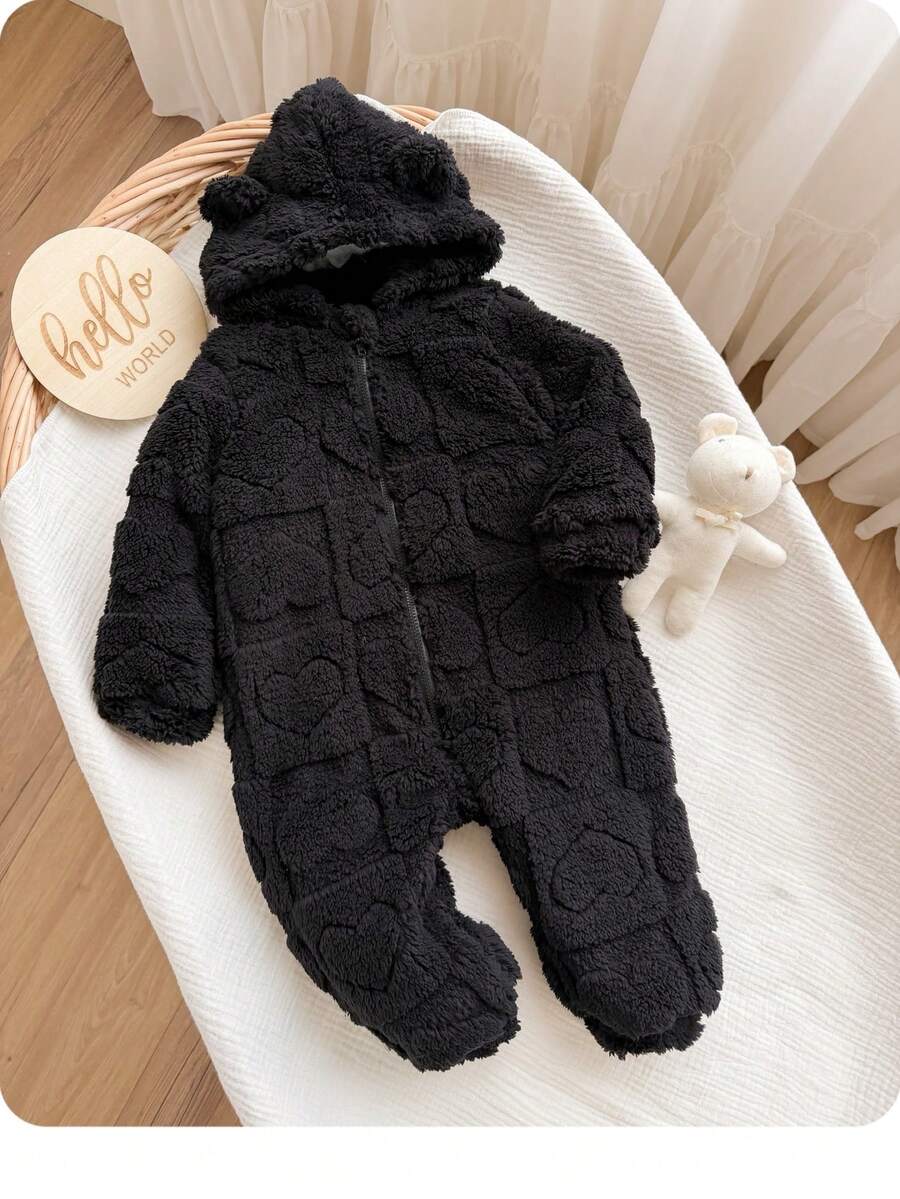 Newborn Baby Girl Autumn/Winter Cute 3D Ears Fuzzy Zipper Hooded Jumpsuit - Black - View 1