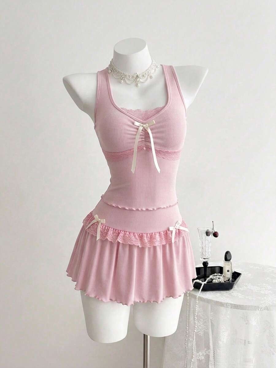 Elamini 女士夏季蕾丝拼接V领吊带背心+迷你裙套装，粉色蝴蝶结装饰 - 粉色 - 查看 1