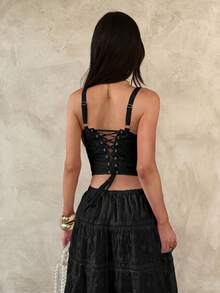 Opulessa Spring/Summer Vacation Solid Color Woven Women's Tank Top Going Out Black Floral Sexy - Black - View 3