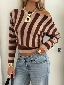 SHEIN EZwear 女款棕色條紋拼接休閒 2000年代風格 百搭日常約會早午餐外出針織上衣 度假秋季 - 彩色 - 查看 8