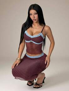 SHEIN PETITE Bộ đồ nữ áo hai dây cổ chữ V viền ren họa tiết chấm bi nâu & xanh phối màu tương phản và chân váy dài vừa/dài trà viền bèo, xuân/hè - màu nâu - Xem 1