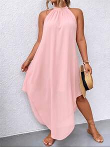 EMERY ROSE Plus Solid Asymmetrical Hem Halter Neck Dress Maxi Women Outfit - Baby Pink - View 3