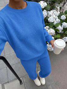 WOMEN SOFT TOUCH SWEATER AND SWEATER PANT Two Pieces OUTFİT CO-ORDS COOL - Royal Blue - View 3