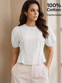 Anewsta Essential Anewsta Summer Casual Vacation Solid Color 100% Cotton Round Neck Puff Short Sleeve Ruched Waist Design Slimming Versatile Women's T-Shirt - White - View 5