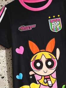 THE POWERPUFF GIRLS X SHEIN GraphicGems 卡通印花休闲宽松A字连衣裙 - 黑色 - 查看 4