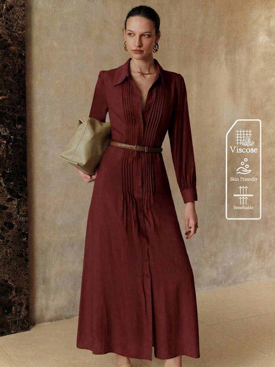 Arave 女士天丝纯色衬衫领全扣装饰长袖收腰系带休闲舒适透气连衣裙，适合夏秋季日常、度假、约会、通勤、购物 - 鏽棕色 - 查看 1