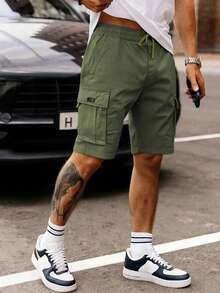 Manfinity Homme Shorts De Cintura Con Cordón Para Hombres Con Bolsillos De Solapa Y Ajuste Holgado - Verde militar - Ver 1
