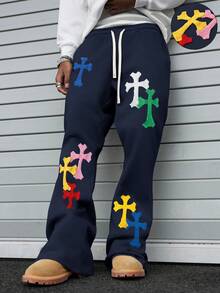 PAVTROS Men's Cross Patchwork Drawstring Waist Casual Sweatpants - Navy Blue - View 3