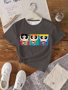 THE POWERPUFF GIRLS X SHEIN Tween Girls' Casual Cartoon Print Round Neck Short Sleeve T-Shirt, Summer - White - View 3