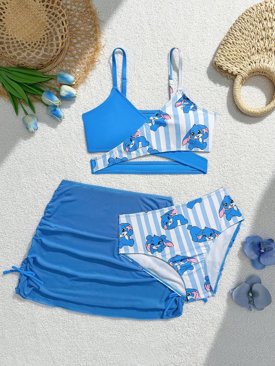 SHEIN Conjunto de 3 piezas de traje de baño para niña preadolescente, falda de malla, estampado de conejo lindo, estilo elegante y exquisito de dama, adecuado para playa de verano, piscina y juegos acuáticos