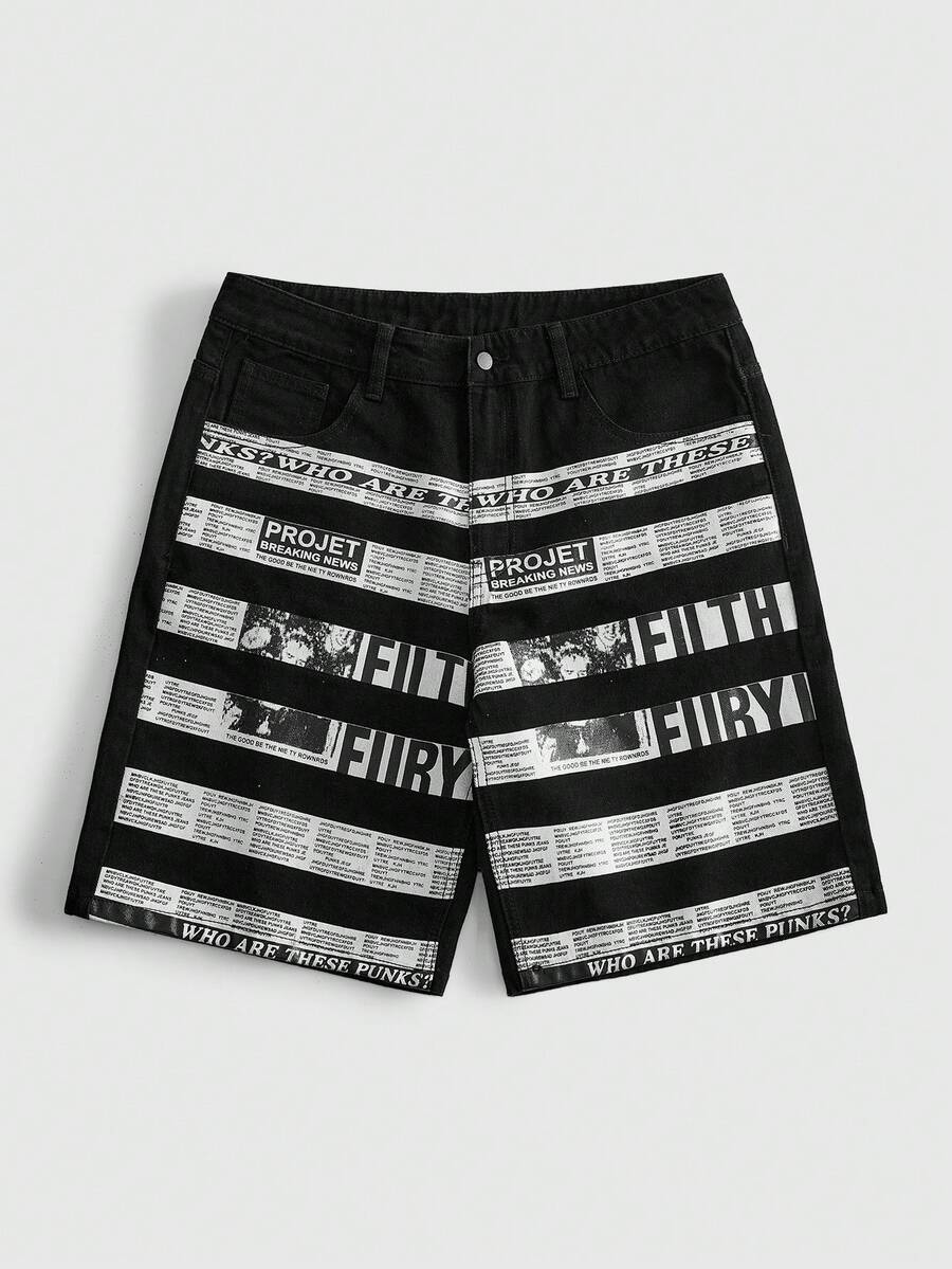 ROMWE MEN Grunge Punk Men's Casual Denim Shorts With Pocket, Button And Slogan Graphic Print, Versatile For Daily Wear And Travel - Black - View 1