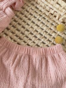 SHEIN Vintaside Kids 2件組女嬰幼童/新生兒0-3歲春夏休閒日常可愛度假條紋蝴蝶結圖案吊帶上衣+短褲套裝 - 粉色 - 查看 3