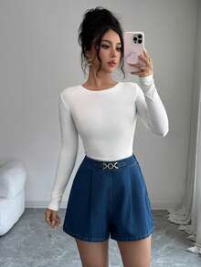 Elenzga 4th Of July Summer Elegant Chic Black Denim Shorts Women Ring Buckle High Waist Commuter Daily - Blue - View 6