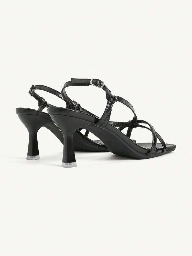 CUCCOO CHICEST Minimalist Black Square Head Crossed With Stiletto Sandals, French Rear Empty Word With High Heels Women's Shoes