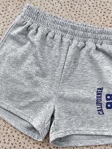 SHEIN Tween女孩針織純色數字字母圖案連身褲休閒短褲 - 灰色 - 查看 5