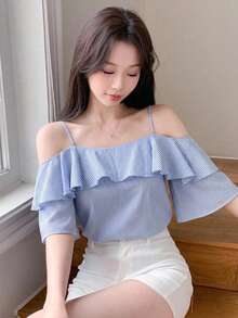 DAZY Blusa de mujer con cuello redondo, manga corta de malla en contraste y ribete de volantes - Azul - Ver 8