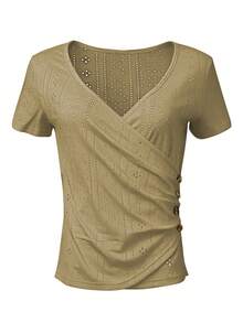 EMERY ROSE Women's Solid Color V-Neck Short Sleeve Pleated Button Design Casual T-Shirt - Rust Brown - View 3