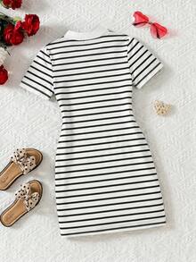 SHEIN 1pc Girls' Summer New Casual Striped Knit Stretch Fabric Small Heart Decor Snug Fit Mid-Length Dress, Suitable For Daily Life And Outdoor Sports - Multicolor - View 2