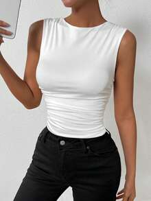 Allurite Women Tank Tops & Camis Ruched Plain Casual - Putih - View 8