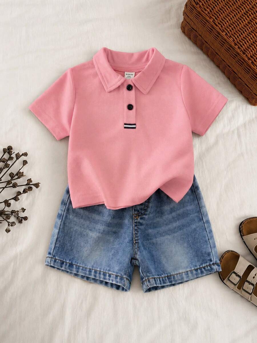 SHEIN 2件套男婴学院风休闲红色Polo衫和蓝色牛仔短裤套装，适合夏季生日派对、锐舞派对、晚宴、演出、婚礼、宝宝满月、洗礼和一周岁生日庆祝活动。 - 粉色 - 查看 1