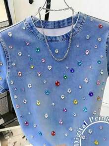 Girls' Casual Minimalist Retro Faux Denim Faux Diamond Pattern Print Crew Neck Short Sleeve T-Shirt, Suitable For Summer Daily Outings Summer Tops - Multicolor - View 2