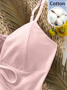 Selianne French Gentle Style Front Tie Ruffle Strap Slimming Fitted Camisole - Baby Pink - View 4