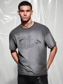 IRON GLYPH Men's Casual Round Neck Drop Shoulder Short Sleeve Letter Print T-Shirt, Holiday - Grey - View 6