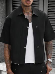 SLATEMANN Men's Airplane Buckle Placket Short Sleeve Casual Commuter Shirt - Black - View 7