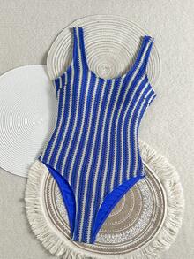 Swim SXY 女款一件式藍色條紋網格面料雙肩帶泳衣，適合海島海灘休閒度假 - 寶藍色 - 查看 2