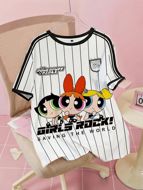 THE POWERPUFF GIRLS X SHEIN Plus Size Colorblock Striped Cartoon Print T-Shirt