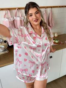Slumberry CURVE Plus Size Sweet Cute Ins Strawberry Bow Fruit Print Lapel Button-Up Satin Pajama Short Sleeve Shorts Set - Multicolor - View 6