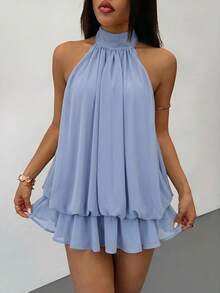 SHEIN PETITE Elegant Sleeveless Tie-Neck Mini Dress In Pale Yellow, Suitable For Party, Date, Autumn/Winter And Spring/Summer ,Petite Women - Dusty Blue - View 5