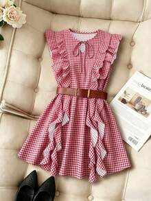Pariaura Vintage Brown Ruffled Full-Width Design Dress / Waist-Cinching Slim Mini Dress / Elegant & Sweet - Red - View 4