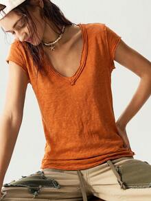 Bohemela Damen T-Shirt für Sommer und Ostern, einfarbig gestrickt, V-Ausschnitt, Kurzarm, figurbetont, gewaschen - Orange - Übersicht 7