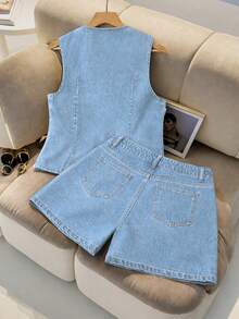 GlowEve Women's Single-Breasted Vest And Shorts Casual Denim Set - Baby Blue - View 2