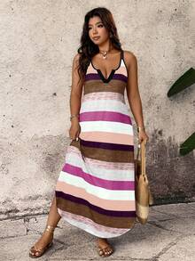 Breezaya Spring Summer Autumn Casual Comfortable Striped Fabric Feature Shoulder Strap Design Multi-Color Plus Size Dress - Brown - View 3