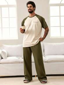 DAZY Conjunto de ropa de estar en casa con mangas raglán y color contrastante para hombres, pijamas de primavera/verano - Verde militar - Ver 6