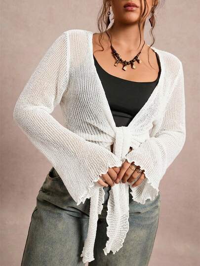 Freevana Plus Size Women's Solid Color Long Sleeve Front Tie Cardigan