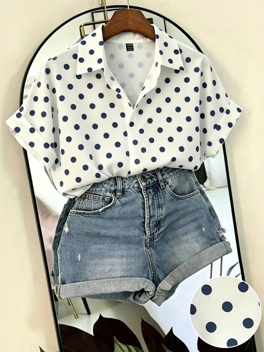 SHEIN Franclia Women's Elegant French White Polka Dot Lapel Half-Open Loose Short Sleeve Shirt, Summer, Teachers' Day, Party Brunch, Beach, Graduation, Casual Shirt - White - View 1