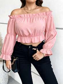 Vionelle Blusa corta con hombros descubiertos, mangas con volantes, ribete de volantes y top peplum talla grande - Rosa coral - Ver 1