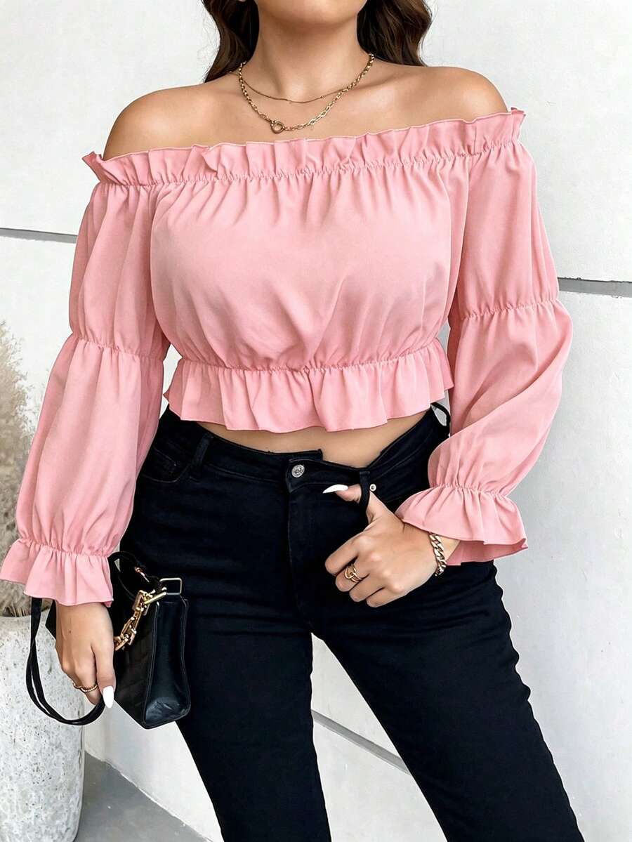 Vionelle Blusa corta con hombros descubiertos, mangas con volantes, ribete de volantes y top peplum talla grande - Rosa coral - Ver 1