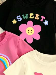 Random 3pcs, Send 1pc Baby Girl Fashion Cute Rainbow Flower Fun Letter Print Casual Style Basic Short T-Shirt And Leggings Set Sets - Multicolor - View 5
